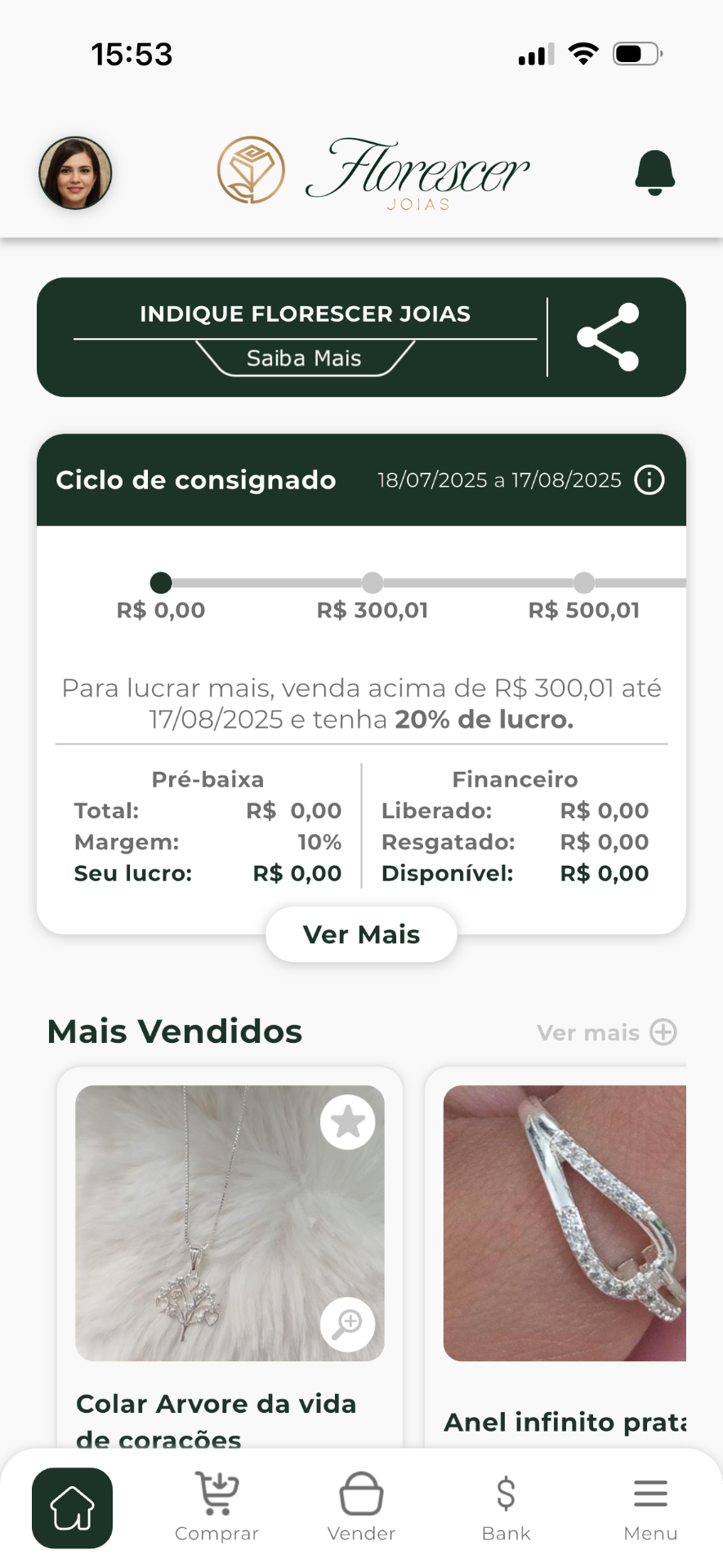 Tela do aplicativo Florescer Joias